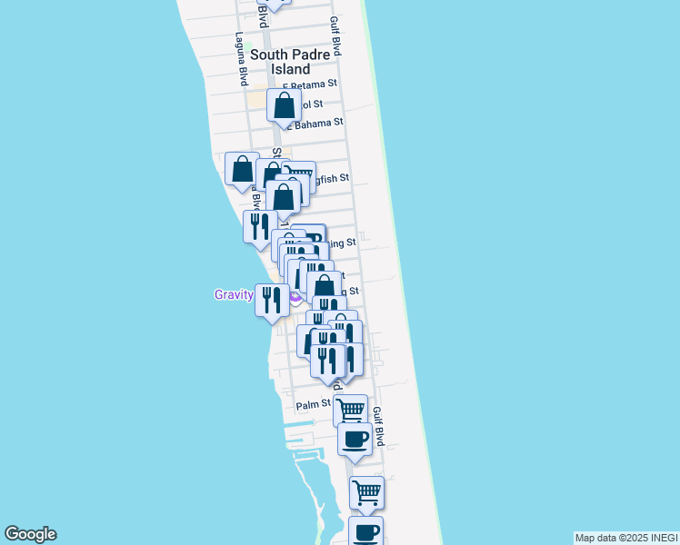 map of restaurants, bars, coffee shops, grocery stores, and more near 122 Pike Street in South Padre Island