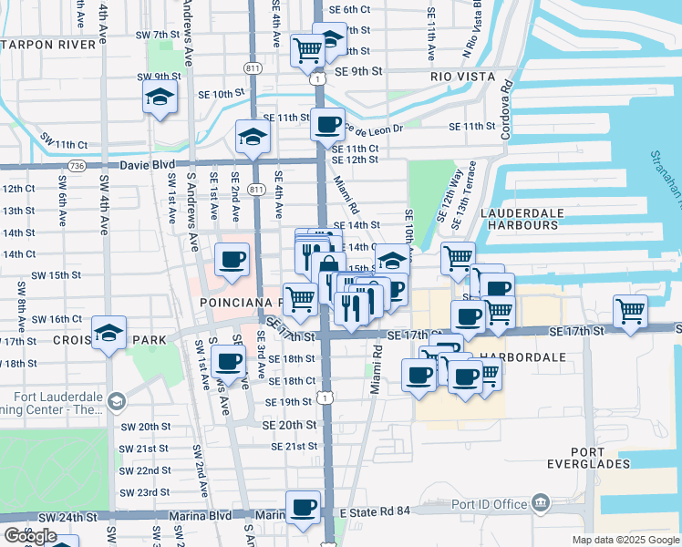map of restaurants, bars, coffee shops, grocery stores, and more near 630 Southeast 15th Street in Fort Lauderdale