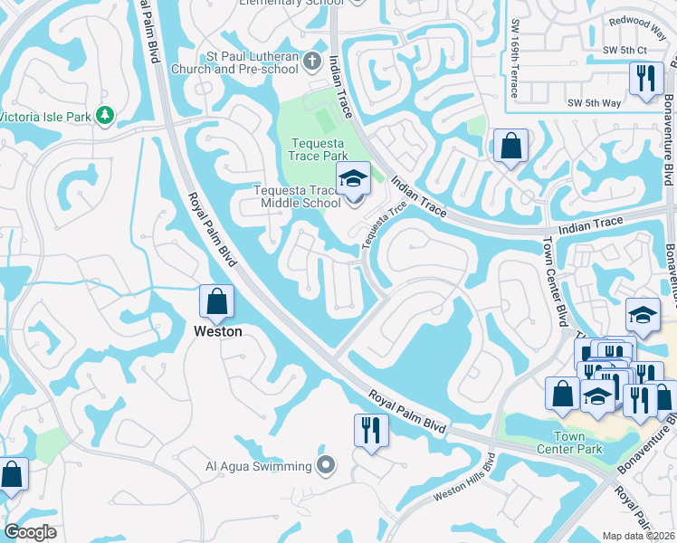 map of restaurants, bars, coffee shops, grocery stores, and more near 1525 Seabay Road in Weston