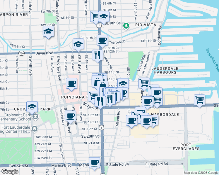 map of restaurants, bars, coffee shops, grocery stores, and more near 630 Southeast 15th Street in Fort Lauderdale