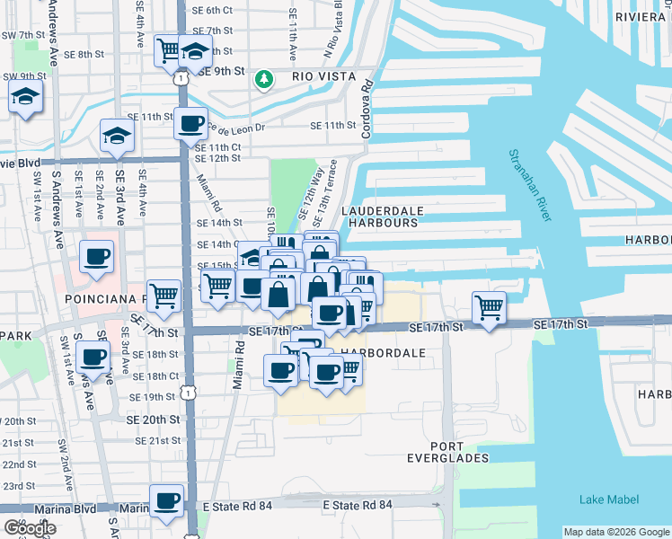 map of restaurants, bars, coffee shops, grocery stores, and more near 1424 Southeast 15th Street in Fort Lauderdale