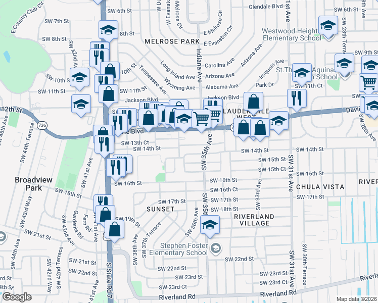 map of restaurants, bars, coffee shops, grocery stores, and more near 3537 Southwest 14th Street in Fort Lauderdale
