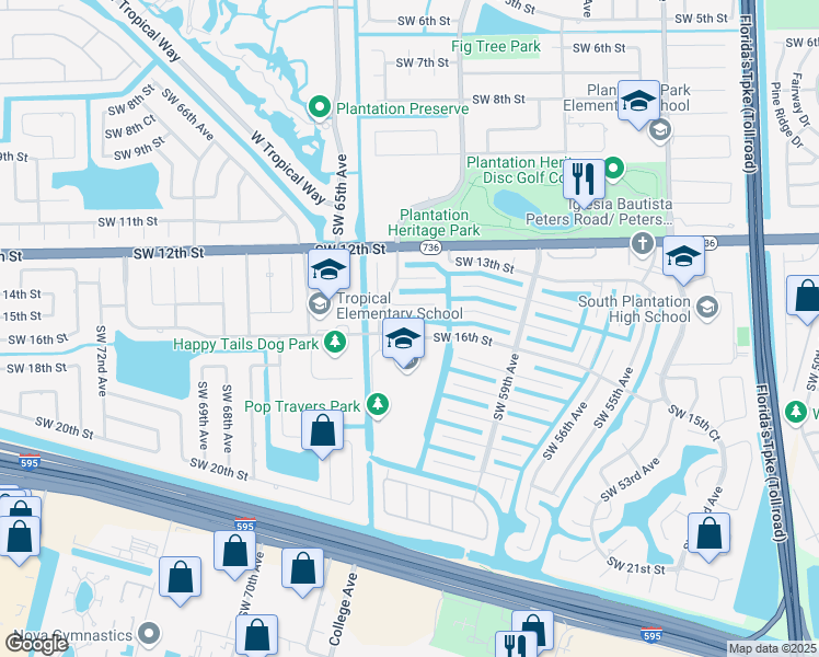 map of restaurants, bars, coffee shops, grocery stores, and more near 6201 Southwest 16th Street in Plantation