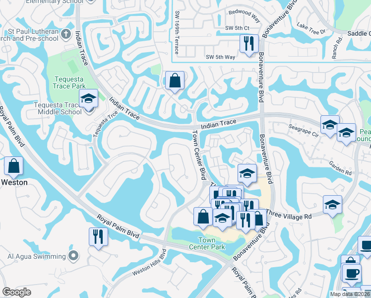 map of restaurants, bars, coffee shops, grocery stores, and more near 1240 Camellia Circle in Weston