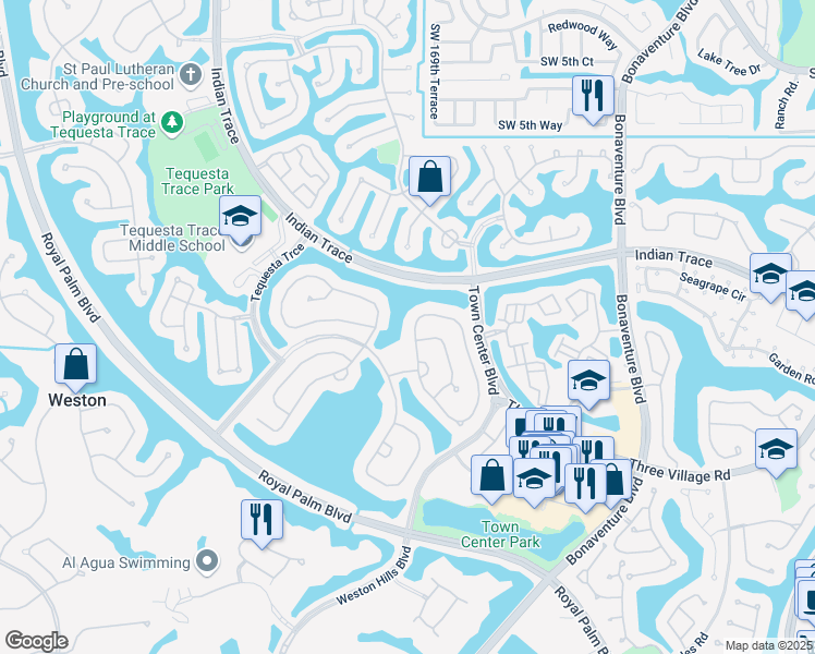 map of restaurants, bars, coffee shops, grocery stores, and more near 1157 Camellia Circle in Weston