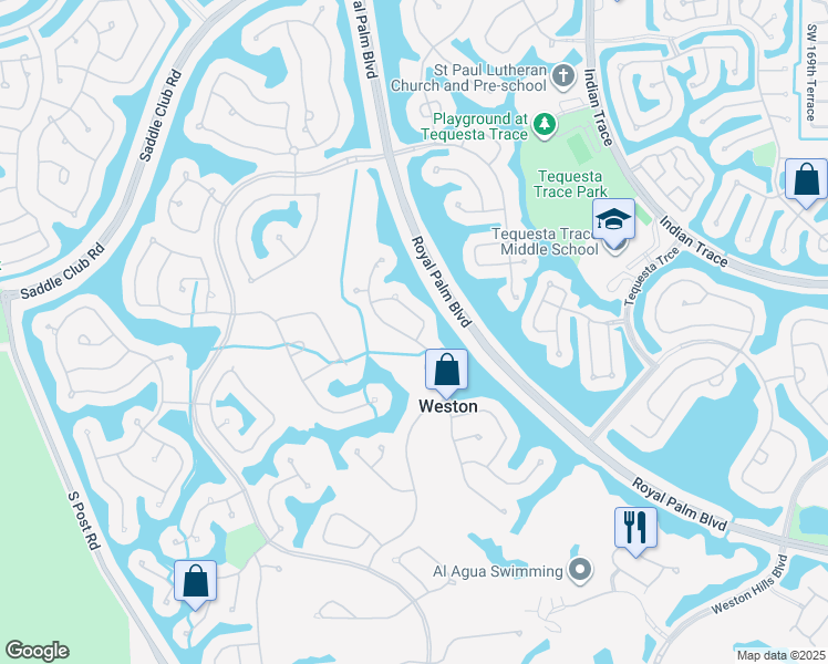 map of restaurants, bars, coffee shops, grocery stores, and more near 2492 Eagle Run Drive in Weston