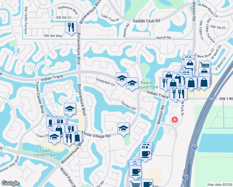 map of restaurants, bars, coffee shops, grocery stores, and more near 1411 Seagrape Circle in Weston