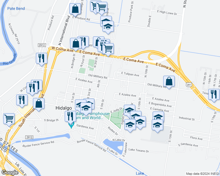 map of restaurants, bars, coffee shops, grocery stores, and more near 211 South 5th Street in Hidalgo