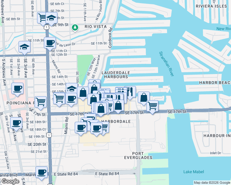 map of restaurants, bars, coffee shops, grocery stores, and more near 1520 Southeast 15th Street in Fort Lauderdale