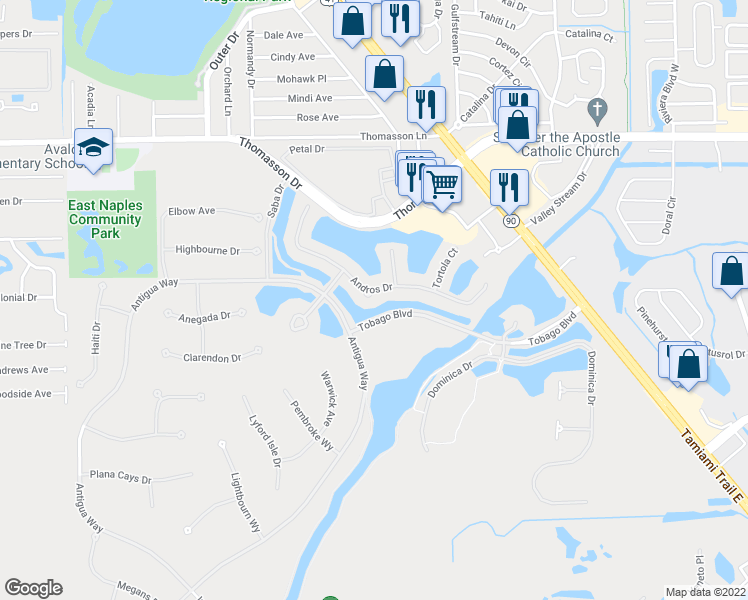 map of restaurants, bars, coffee shops, grocery stores, and more near 5050 Andros Drive in Naples