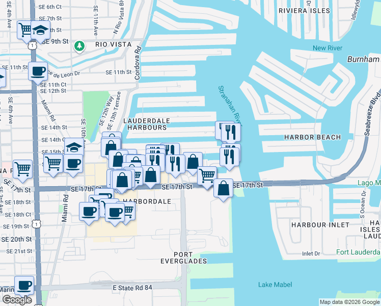 map of restaurants, bars, coffee shops, grocery stores, and more near 1784 Southeast 15th Avenue in Fort Lauderdale