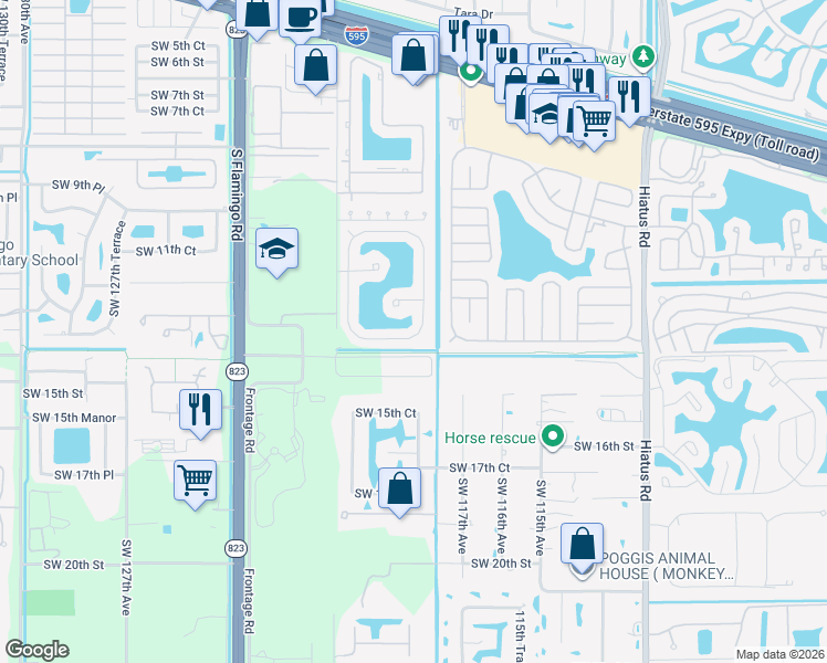 map of restaurants, bars, coffee shops, grocery stores, and more near 11867 Southwest 13th Court in Davie
