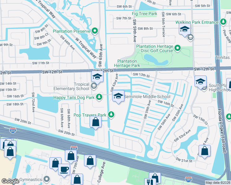 map of restaurants, bars, coffee shops, grocery stores, and more near 6201 Southwest 16th Street in Plantation