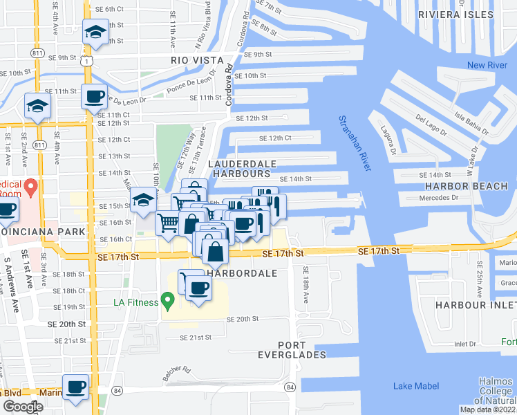 map of restaurants, bars, coffee shops, grocery stores, and more near 1520 Southeast 15th Street in Fort Lauderdale