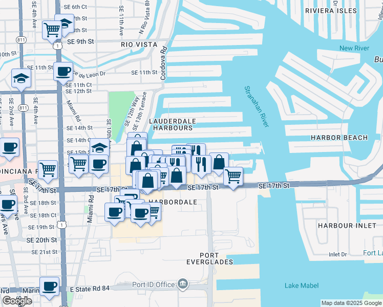 map of restaurants, bars, coffee shops, grocery stores, and more near 1600 Southeast 15th Street in Fort Lauderdale