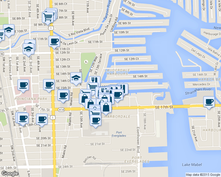 map of restaurants, bars, coffee shops, grocery stores, and more near 1490 Southeast 15th Street in Fort Lauderdale