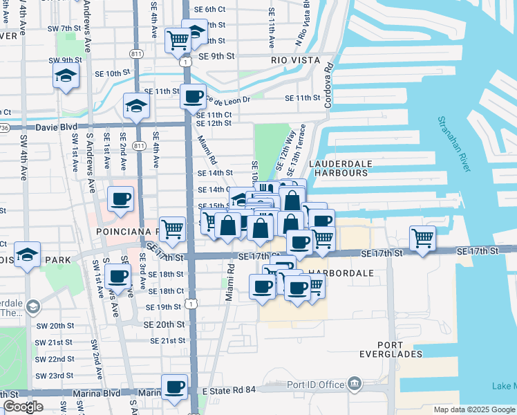 map of restaurants, bars, coffee shops, grocery stores, and more near 1445 Southeast 10th Avenue in Fort Lauderdale