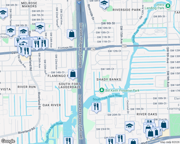 map of restaurants, bars, coffee shops, grocery stores, and more near 1909 Southwest 14th Court in Fort Lauderdale