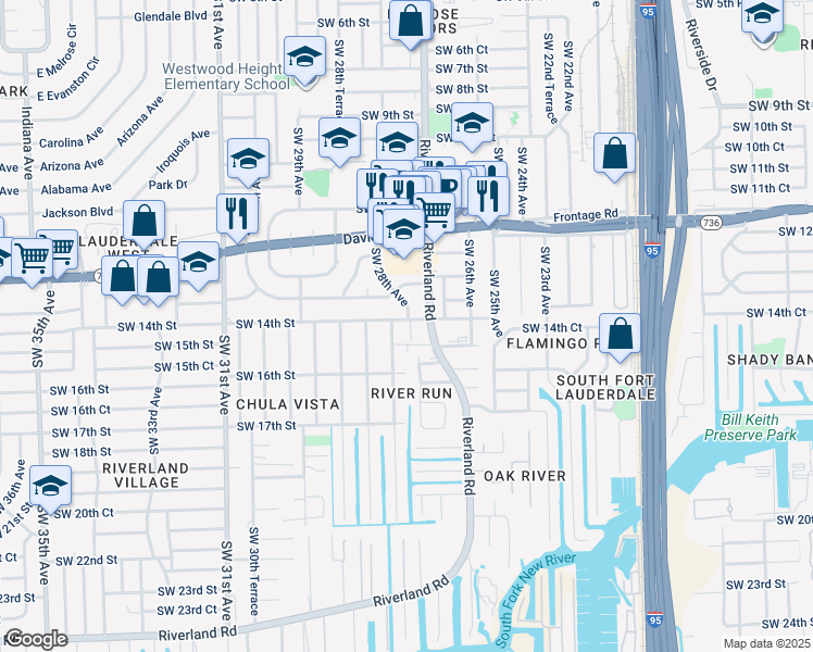 map of restaurants, bars, coffee shops, grocery stores, and more near 1401 Southwest 27th Avenue in Fort Lauderdale