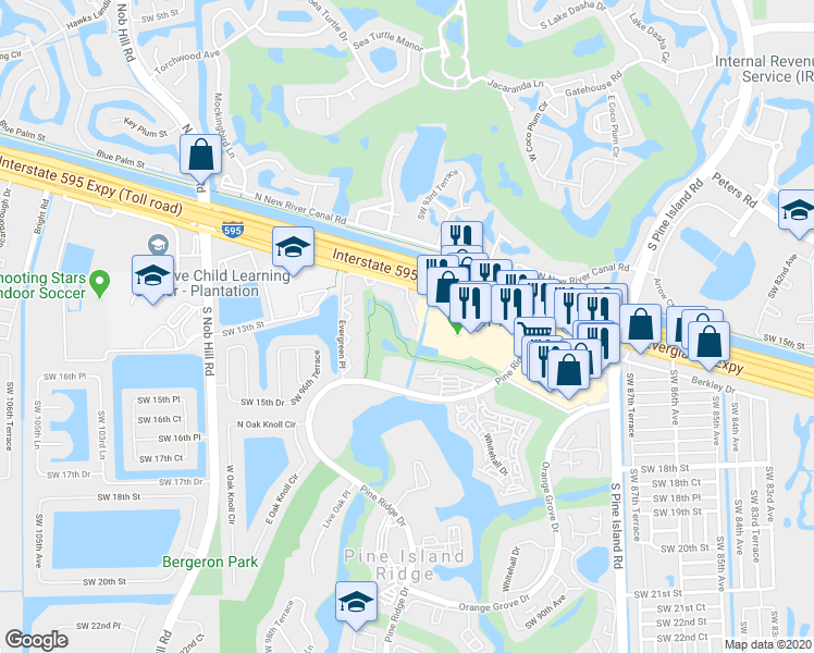 map of restaurants, bars, coffee shops, grocery stores, and more near 9495 Evergreen Place in Davie
