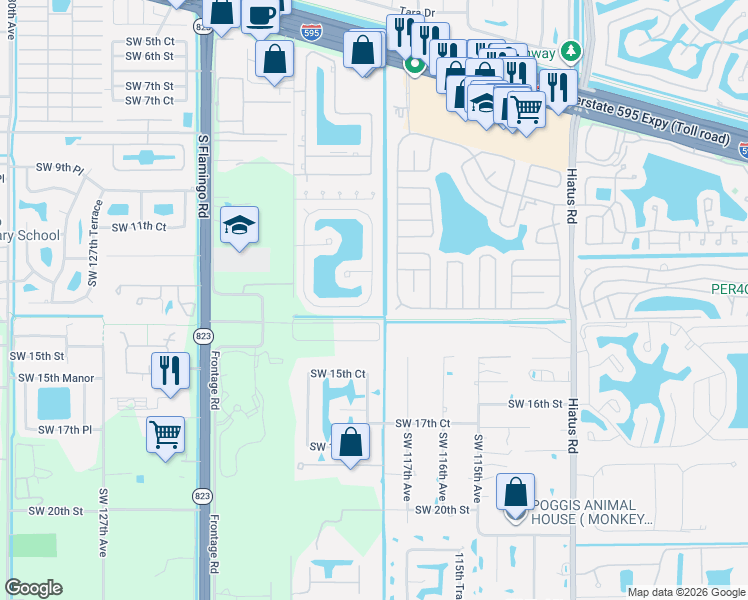 map of restaurants, bars, coffee shops, grocery stores, and more near 11867 Southwest 13th Court in Davie