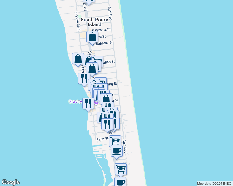 map of restaurants, bars, coffee shops, grocery stores, and more near 122 Pike Street in South Padre Island