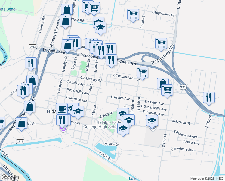 map of restaurants, bars, coffee shops, grocery stores, and more near 704 Ramon Ayala Drive in Hidalgo