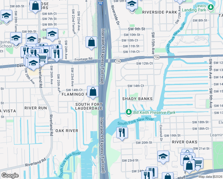 map of restaurants, bars, coffee shops, grocery stores, and more near 1909 Southwest 14th Court in Fort Lauderdale