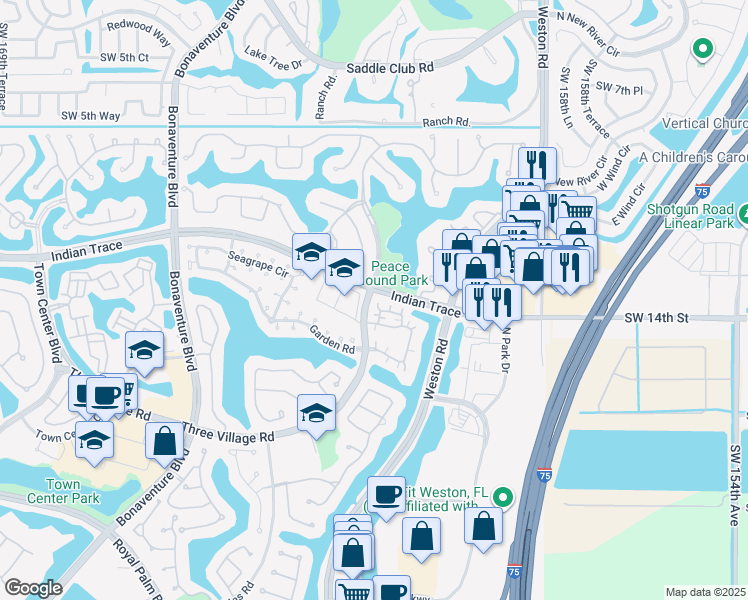 map of restaurants, bars, coffee shops, grocery stores, and more near 1381 Cottonwood Circle in Weston