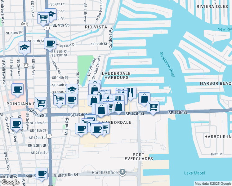 map of restaurants, bars, coffee shops, grocery stores, and more near 1520 Southeast 15th Street in Fort Lauderdale