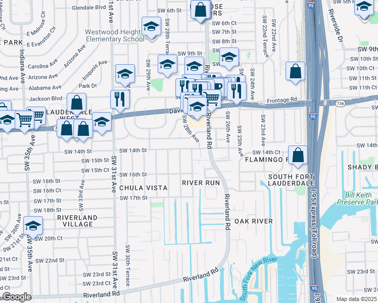 map of restaurants, bars, coffee shops, grocery stores, and more near 1401 Southwest 28th Avenue in Fort Lauderdale
