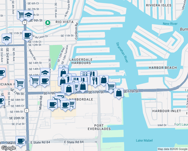 map of restaurants, bars, coffee shops, grocery stores, and more near 1600 Southeast 15th Street in Fort Lauderdale