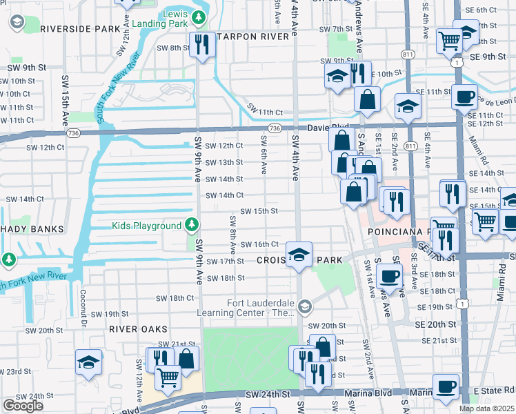 map of restaurants, bars, coffee shops, grocery stores, and more near 607 Southwest 15th Street in Fort Lauderdale