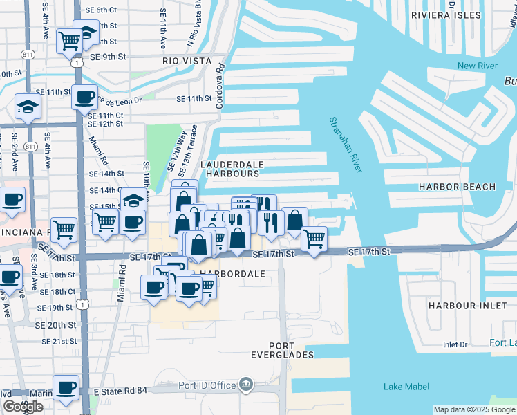map of restaurants, bars, coffee shops, grocery stores, and more near 1600 Southeast 15th Street in Fort Lauderdale