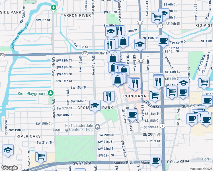 map of restaurants, bars, coffee shops, grocery stores, and more near 215 Southwest 15th Street in Fort Lauderdale