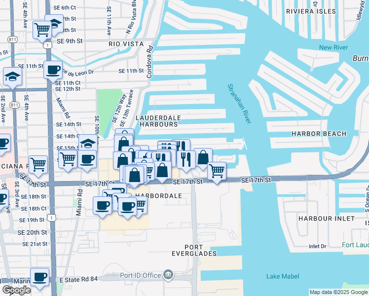 map of restaurants, bars, coffee shops, grocery stores, and more near 1600 Southeast 15th Street in Fort Lauderdale