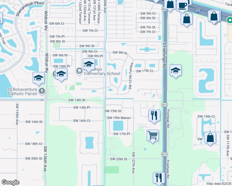 map of restaurants, bars, coffee shops, grocery stores, and more near 12821 Southwest 13th Manor in Davie