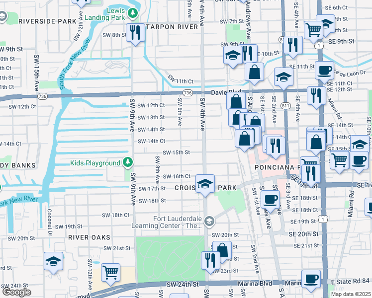 map of restaurants, bars, coffee shops, grocery stores, and more near 421 Southwest 15th Street in Fort Lauderdale