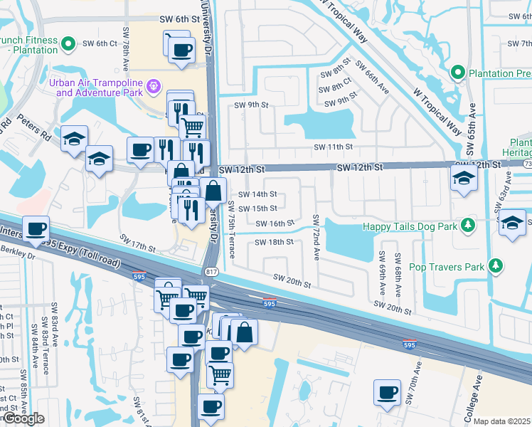map of restaurants, bars, coffee shops, grocery stores, and more near 7450 Southwest 15th Street in Plantation