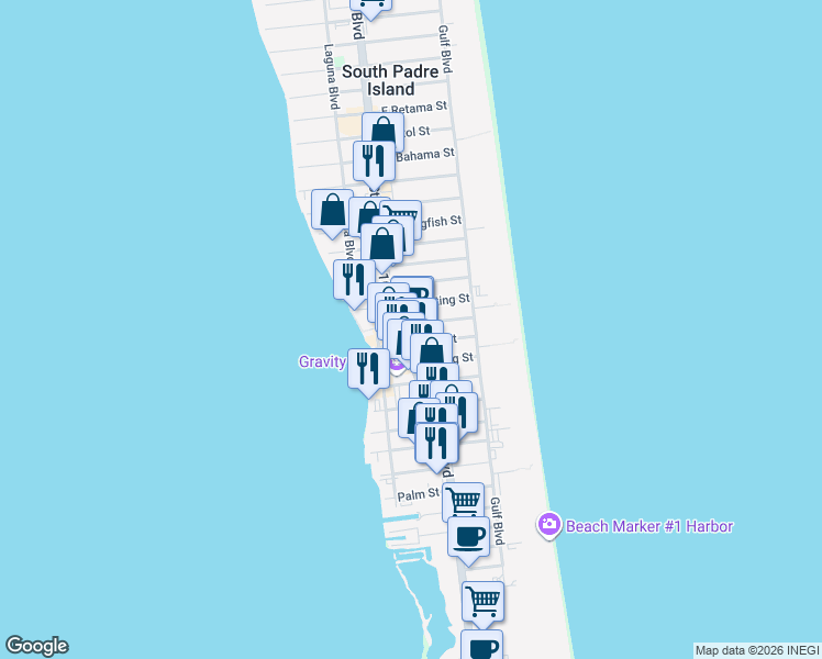 map of restaurants, bars, coffee shops, grocery stores, and more near 103 East Amberjack Street in South Padre Island