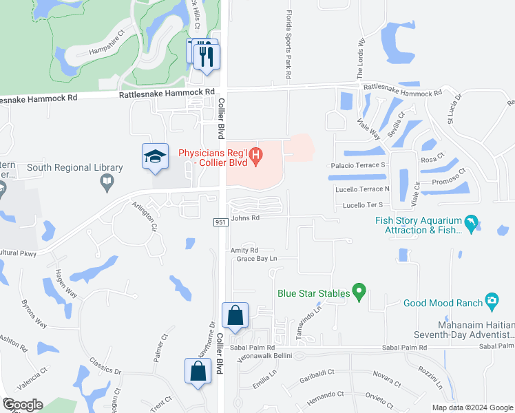 map of restaurants, bars, coffee shops, grocery stores, and more near 8230 Collier Boulevard in Naples