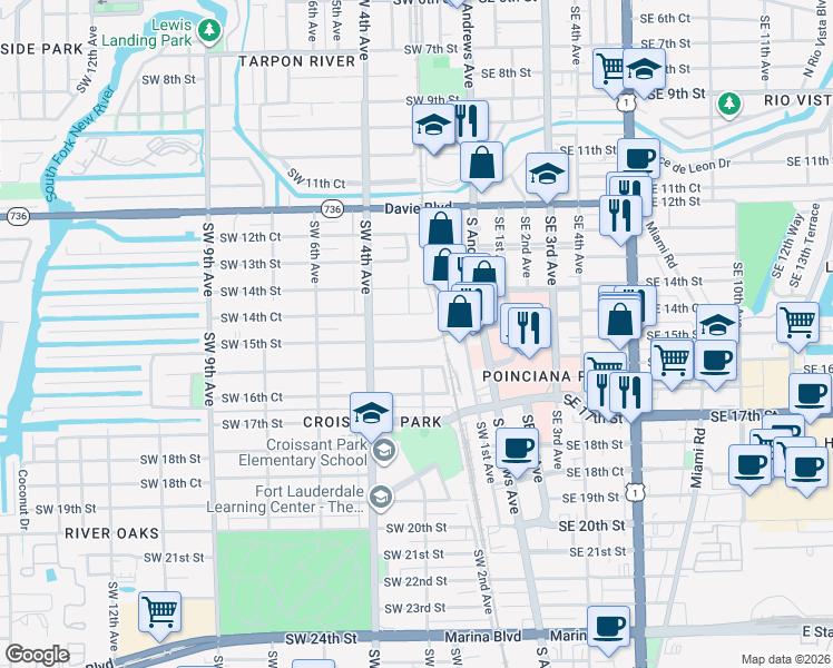 map of restaurants, bars, coffee shops, grocery stores, and more near 215 Southwest 15th Street in Fort Lauderdale