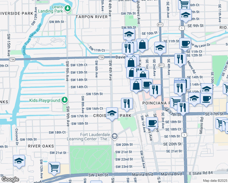 map of restaurants, bars, coffee shops, grocery stores, and more near 395 Southwest 15th Street in Fort Lauderdale