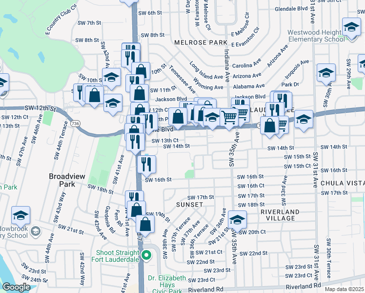 map of restaurants, bars, coffee shops, grocery stores, and more near 3704 Southwest 14th Street in Fort Lauderdale