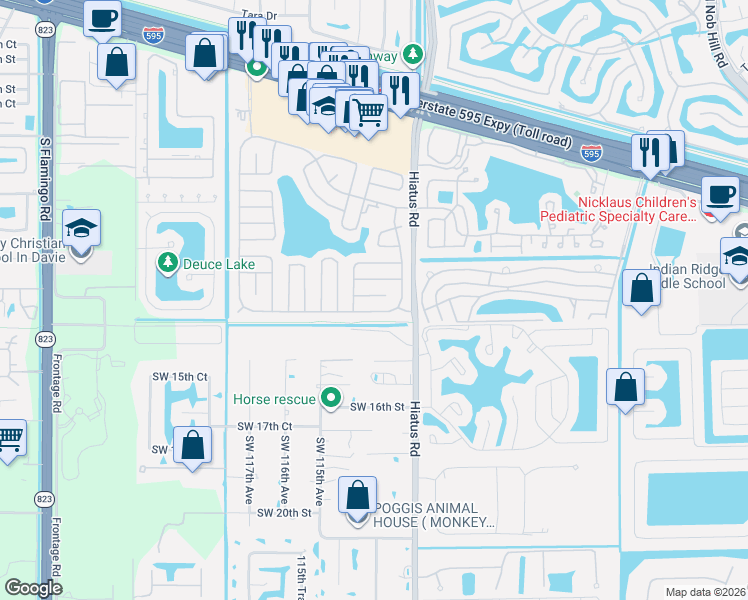 map of restaurants, bars, coffee shops, grocery stores, and more near 11334 Southwest 13th Street in Davie