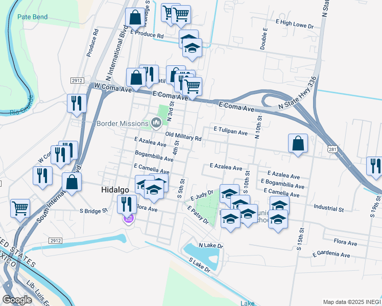 map of restaurants, bars, coffee shops, grocery stores, and more near 211 South 5th Street in Hidalgo