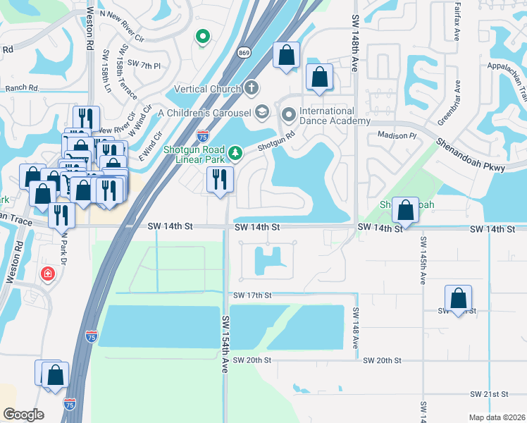 map of restaurants, bars, coffee shops, grocery stores, and more near 15098 Southwest 13th Place in Sunrise