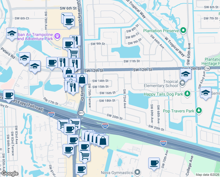 map of restaurants, bars, coffee shops, grocery stores, and more near 7321 Southwest 16th Street in Plantation