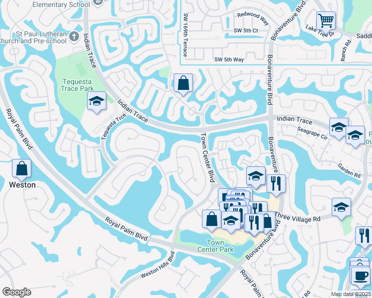 map of restaurants, bars, coffee shops, grocery stores, and more near 1240 Camellia Circle in Weston