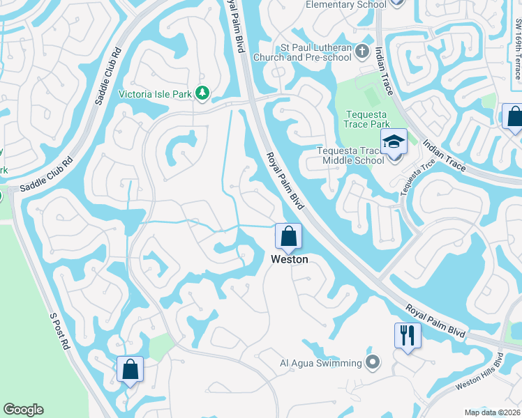 map of restaurants, bars, coffee shops, grocery stores, and more near 2492 Eagle Run Drive in Weston